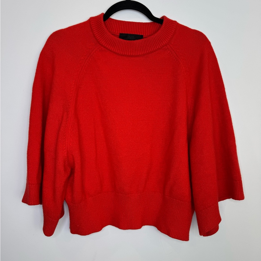 Zara Women's Red knit Crewneck wide 3/4 sleeve Sweater size medium